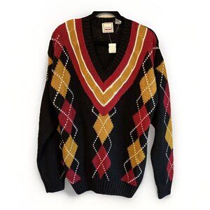 Body Equip Argyle Sweater V Neck Mens Large Black Red Gold Vintage 1990s